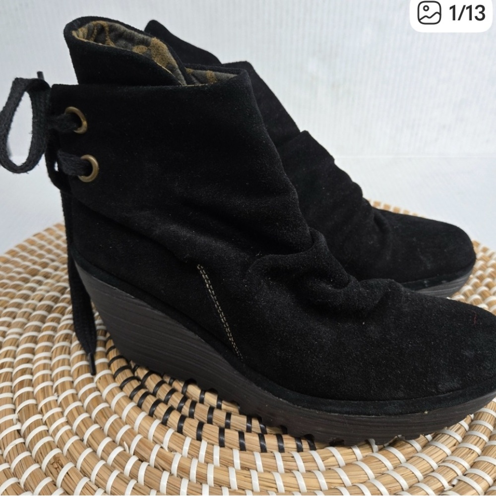 Fly London Yama Black Suede Wedge Boots